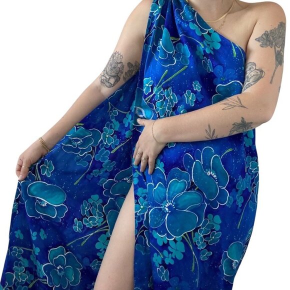 Vintage 1960's Womens Blue Floral Hawaiian Psychedelic Swimsuit Wrap Dress - Picture 4 of 4